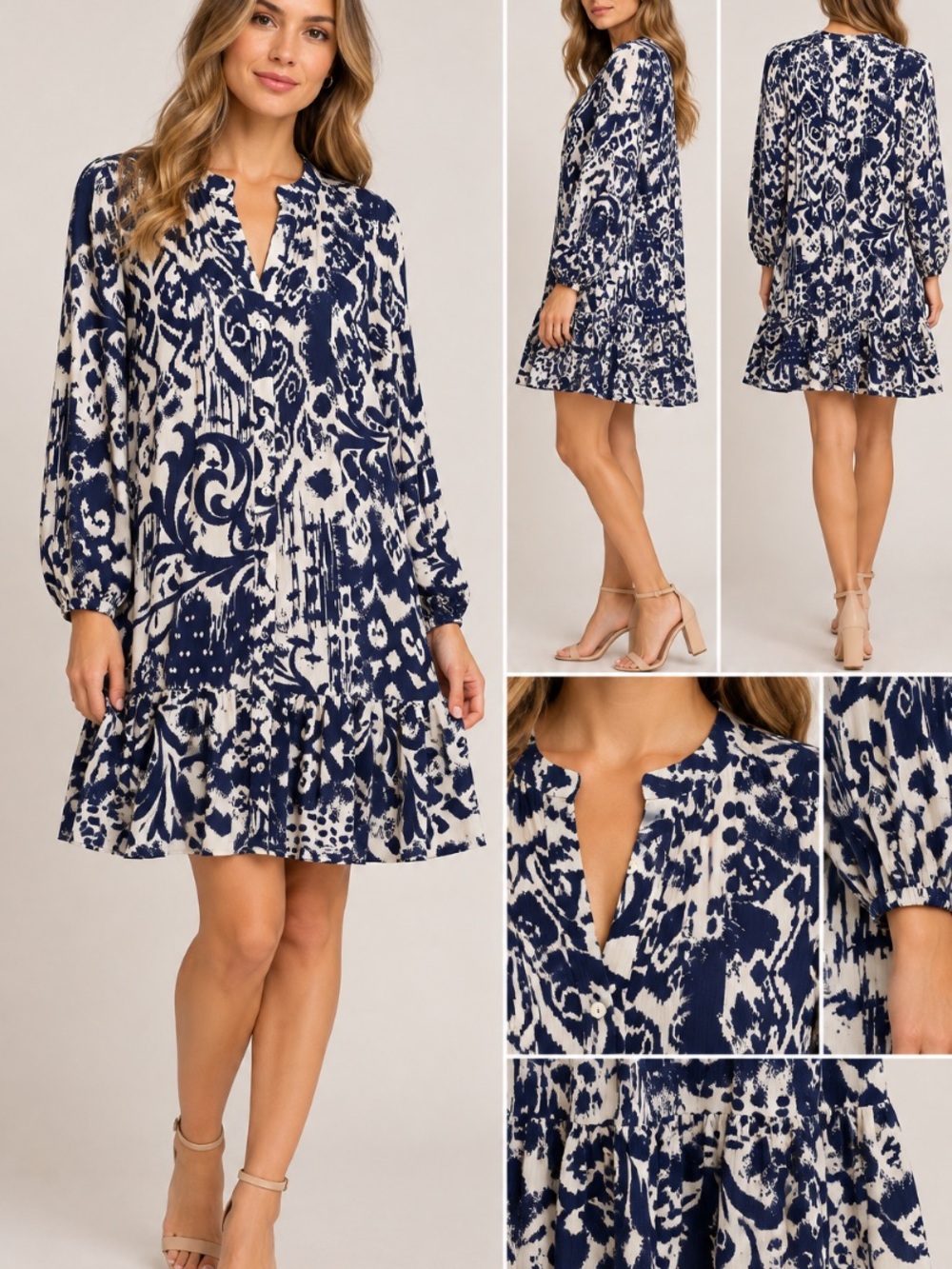 Zara Navy and White Printed Mini Dress